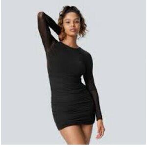 Halara Dress Size Large Mini Bodycon Black Long Sleeve Ruched Mesh Overlay  NWT